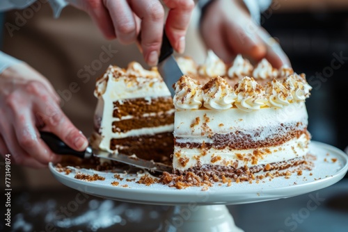 Closeup shot of hands cutting into a birthday cake with a knife, revealing the delicious layers inside