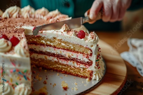 Closeup shot of hands cutting birthday cake with a knife, revealing delicious layers inside