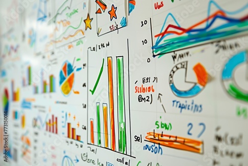 A detailed shot of a whiteboard covered in diagrams and charts showcasing various business strategies discussed during a seminar
