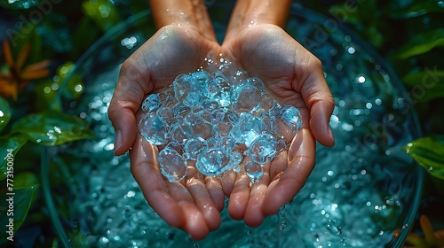 Hands holding water drop, top view, high resolution photography