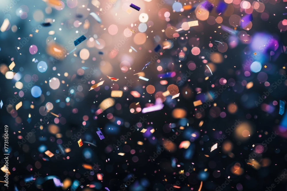 A low-angle shot capturing confetti falling from above against a dark background, creating a magical and dreamy atmosphere