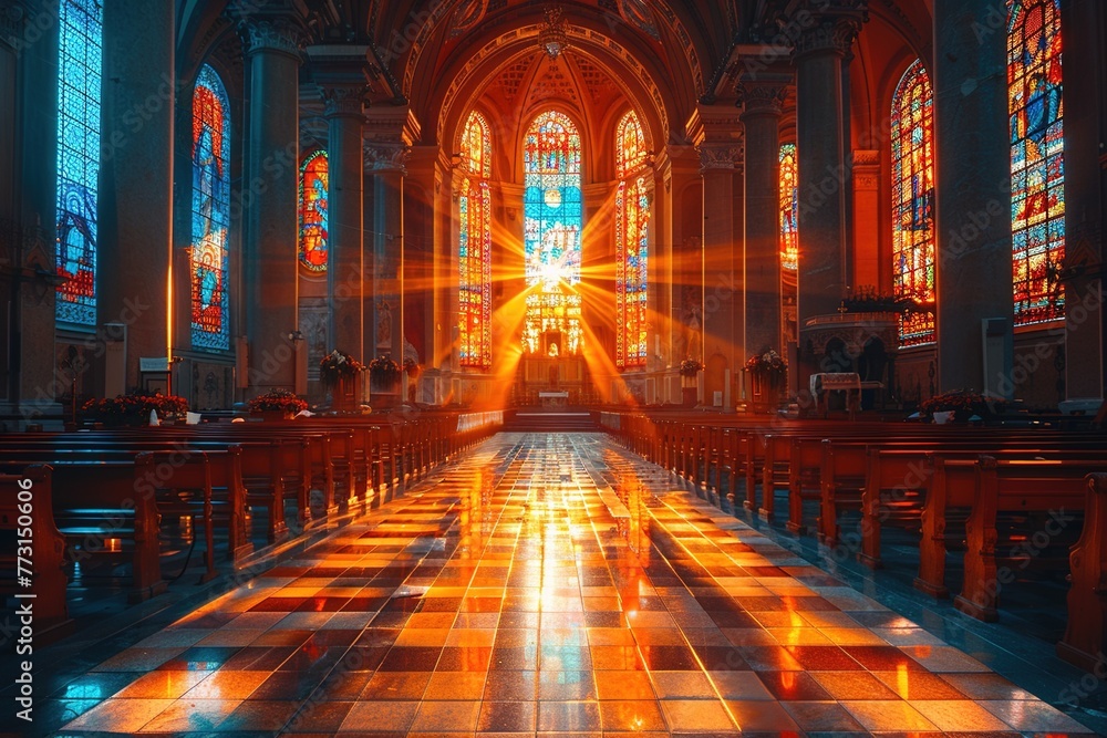 Fototapeta premium Sun rays pierce through stained glass windows in a Church