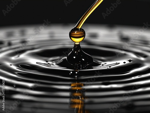 A drop of liquid falls into the water, creating ripples and bubbles