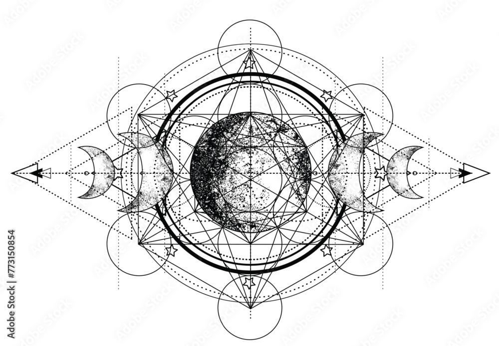 Fototapeta premium Metatron Cube. Moon pagan Wicca moon goddess symbol. Three-faced Goddess, Maiden, Mother, Crone isolated vector illustration. Tattoo, astrology, alchemy, boho and magic symbol. Coloring book..
