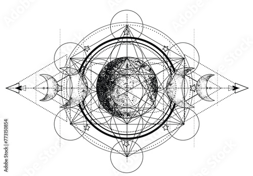 Metatron Cube. Moon pagan Wicca moon goddess symbol. Three-faced Goddess, Maiden, Mother, Crone isolated vector illustration. Tattoo, astrology, alchemy, boho and magic symbol. Coloring book..