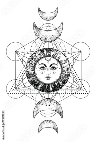 Metatron Cube. Moon pagan Wicca moon goddess symbol. Three-faced Goddess, Maiden, Mother, Crone isolated vector illustration. Tattoo, astrology, alchemy, boho and magic symbol. Coloring book.