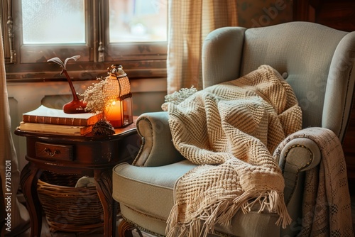 Cozy bedroom corner with armchair, blanket on top, and VHS stack next to window