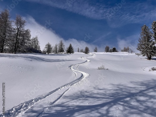 Snow-covered mountain slope with traces