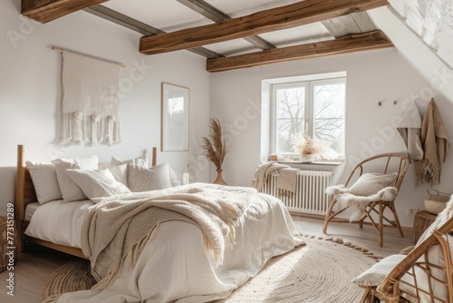 A cozy bedroom featuring a bed  chair  rug  and window with a white color scheme and wooden furniture