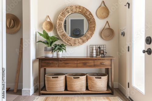 A hallway featuring a sleek console table, a statement mirror, and storage baskets on the wall