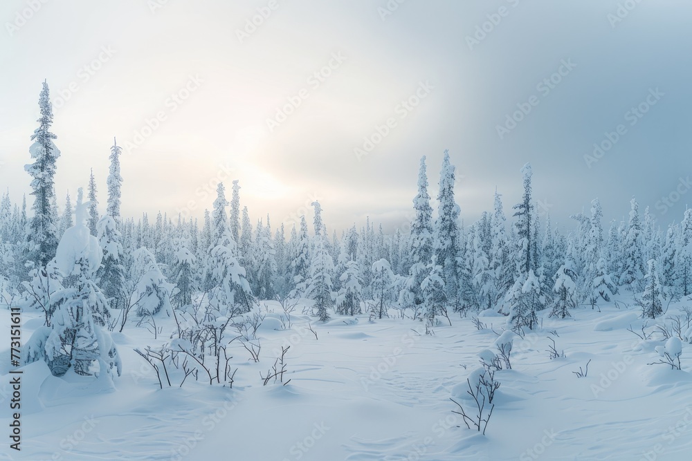 A panoramic shot of a vast snow-covered forest with countless trees blanketed in snow, stretching to the horizon