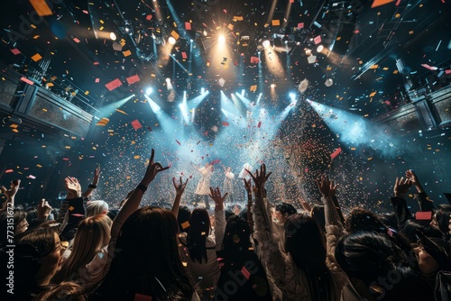 A wide-angle shot capturing a crowd of people at a concert, with confetti in the air, creating a festive atmosphere