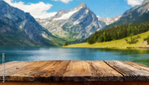 Close-up of an empty wooden table (diminishing perspective) with a blurred mountain lake on background. Template for your products display on top of the table. Generative Ai.