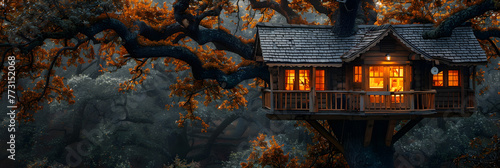  Treehouse - wooden dwelling built in a tall tree, Fantasy tree house in the forest 