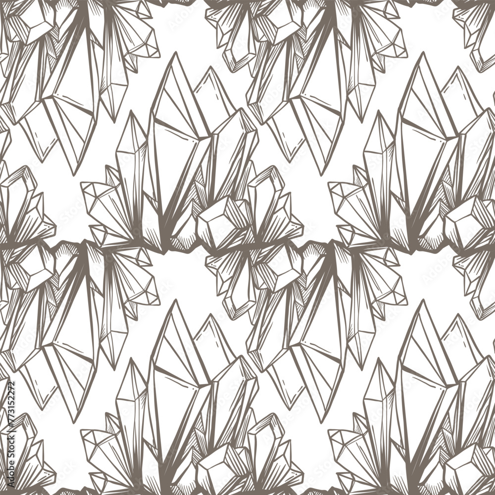 Hand drawn crystal gem seamless pattern. Geometric shiny gemstone symbol. Trendy hipster background, fabric design, fashion textiles. Brown and white. Isolated vector illustration. Hand drawn crystal gem seamless pattern. Geometric shiny gemstone symbol. Trendy hipster background, fabric design, fashion textiles. Brown and white. Isolated vector illustration.