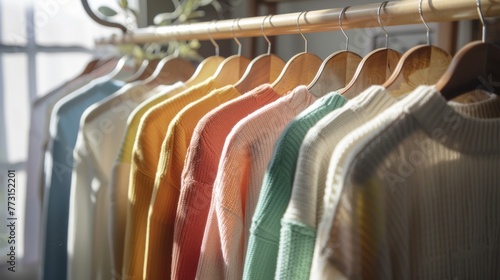 Row of colorful knitted sweaters hanging on a rack in a bright room with a window in the background.