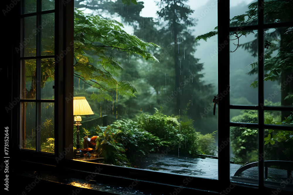 Naklejka premium Landscape rainy on road autumn day seen from window. Summer rain in lush green forest, with heavy rainfall background. Rain in forest between trees. Abstract natural backgrounds for design.