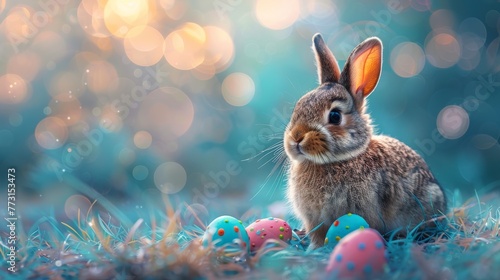 Easter bunny on grass with decorated Easter eggs. Modern illustration showing futuristic technology.