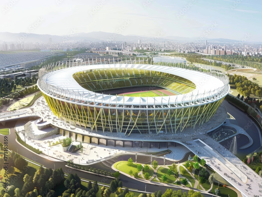 Green-powered stadium with efficient waste management welcomes athletes for a clean competition