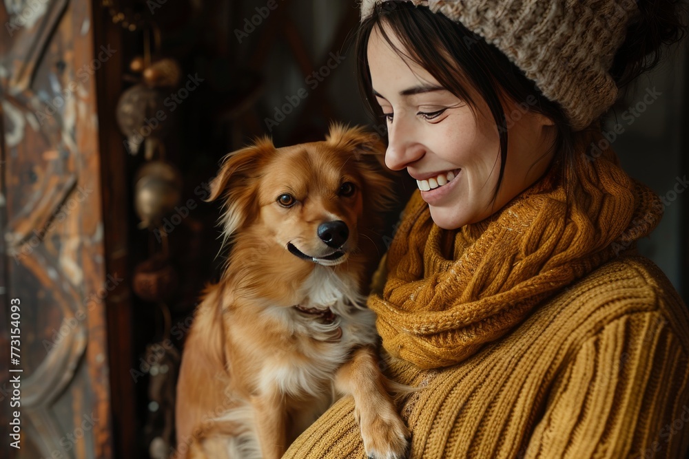Profile portrait of a happy pregnant woman holding a small dog in her arms