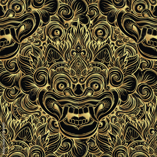 Barong. Traditional ritual Balinese mask. Vector decorative ornate outline black and gold seamless pattern. Hindu ethnic symbol, tattoo art, yoga, Bali spiritual design for print, t-shirt, textile.