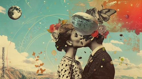 a digital collage mixing modern and vintage love themes with surreal, retro flair for a nostalgic, wondrous fee