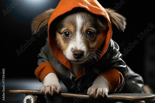 A playful puppy in a grey hoodie, skateboarding on a grey background.