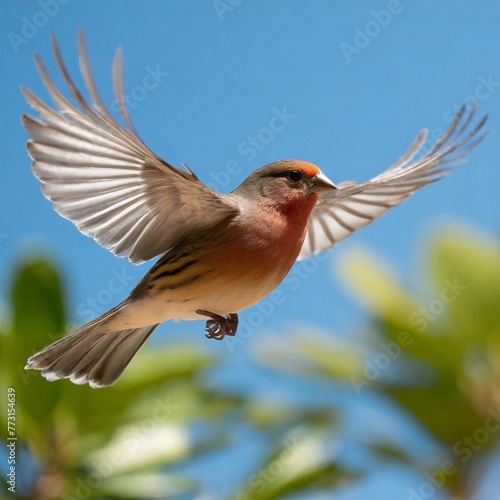 a single finch in flight, captured against a clear blue sky, with its wings outstretched in graceful motion, symbolizing freedom and exploration.