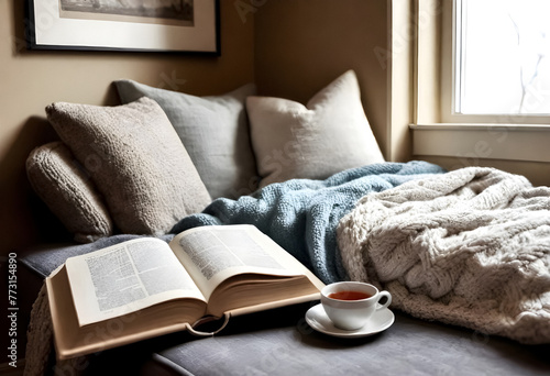 a cozy bed with a book and a cup of tea © David Angkawijaya