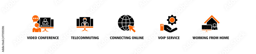 Remote working banner web icon vector illustration concept for working at home with icon of video conference, telecommuting, connecting online, voip, and working from home Remote working banner web icon vector illustration concept for working at home with icon of video conference, telecommuting, connecting online, voip, and working from home