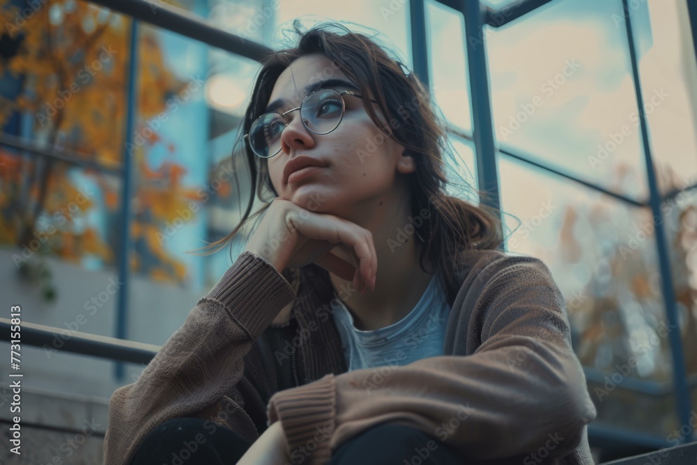 Thoughtful Young Woman in Urban Setting, Contemplation Concept Thoughtful Young Woman in Urban Setting, Contemplation Concept