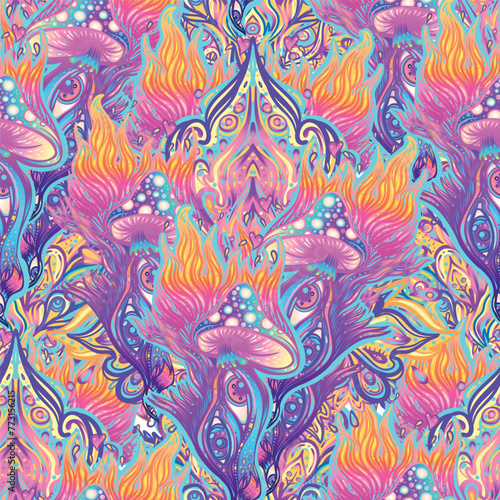 Psychedelic seamless pattern with magic mushrooms over sacred geometry. Vecto...