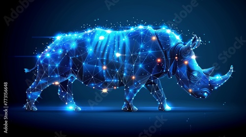 An illustration modern of a rhino drawn from lines and triangles on a blue background.