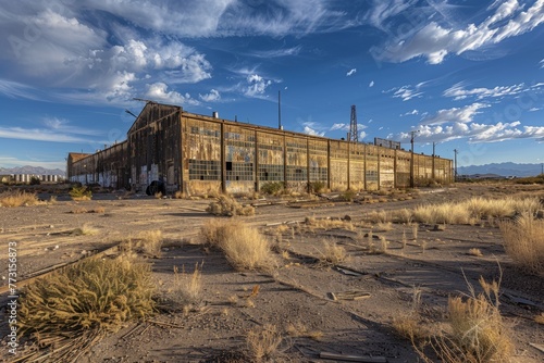 Abandoned industrial buildings rise from the barren dirt landscape, showcasing their weathered facades in a desolate setting
