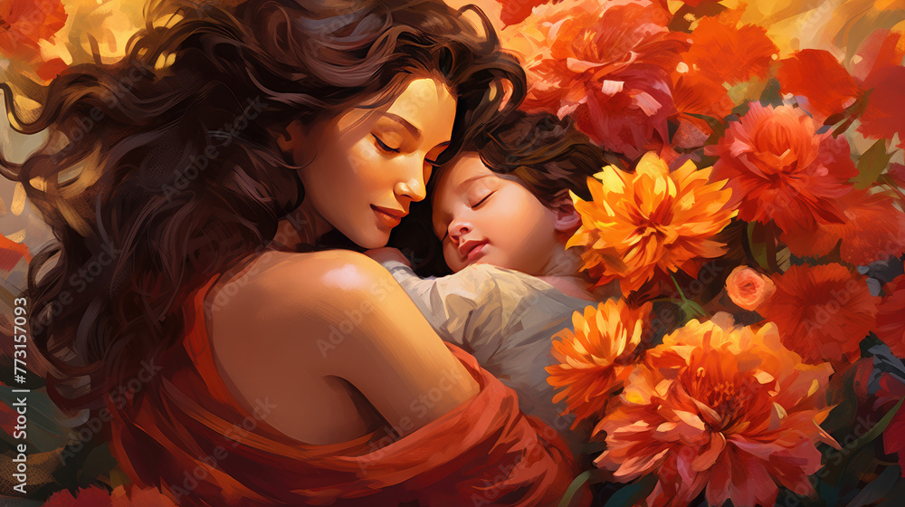 A loving mother gently holds a sleeping baby in her arms on a floral background. Beautiful drawing, postcard for Mother's Day.