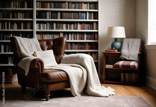 a living room with a couch and a bookcase with books on the shelves © David Angkawijaya
