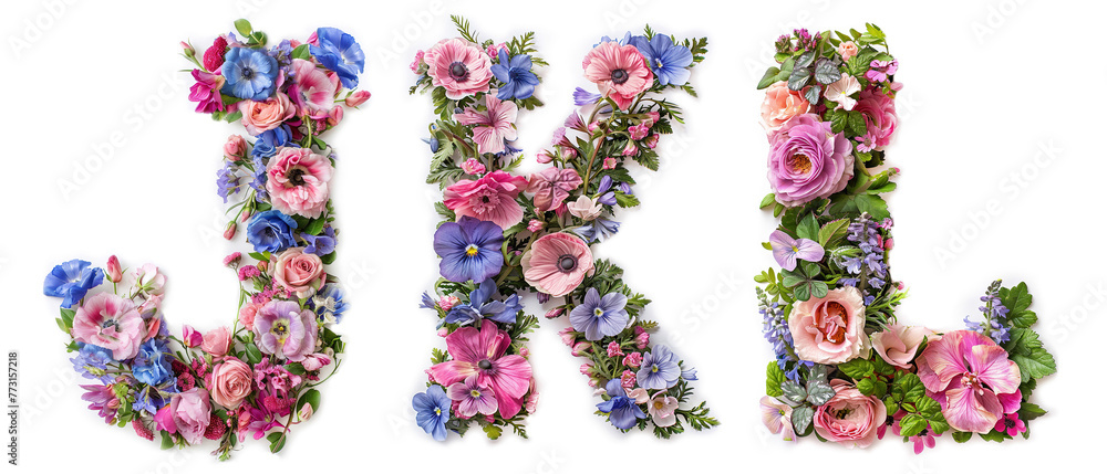 Flower font alphabet J, K, L made of colorful floral letters on white background Flower font alphabet J, K, L made of colorful floral letters on white background