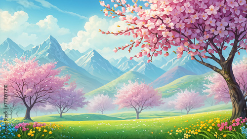 Warm and bright spring background, pink cherry blossom trees, and colorful pretty flowers. Generative AI.