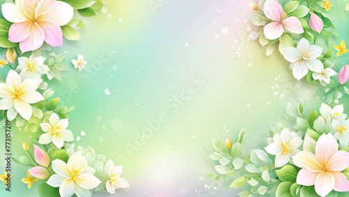 Warm and bright spring background, pink cherry blossom trees, and colorful pretty flowers. Generative AI.