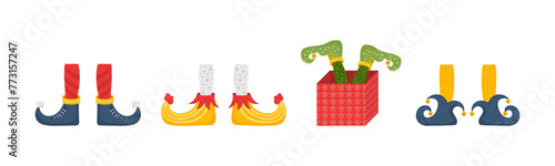 Collection of cute elves legs, boots, socks. Santa helpers shoes and pants with gifts, presents. Christmas gnome bundle. Vector. Christmas elf feet and legs set, decoration for celebration.