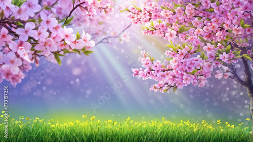 Warm and bright spring background, pink cherry blossom trees, and colorful pretty flowers. Generative AI.