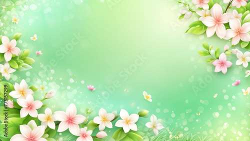 Warm and bright spring background, pink cherry blossom trees, and colorful pretty flowers. Generative AI.
