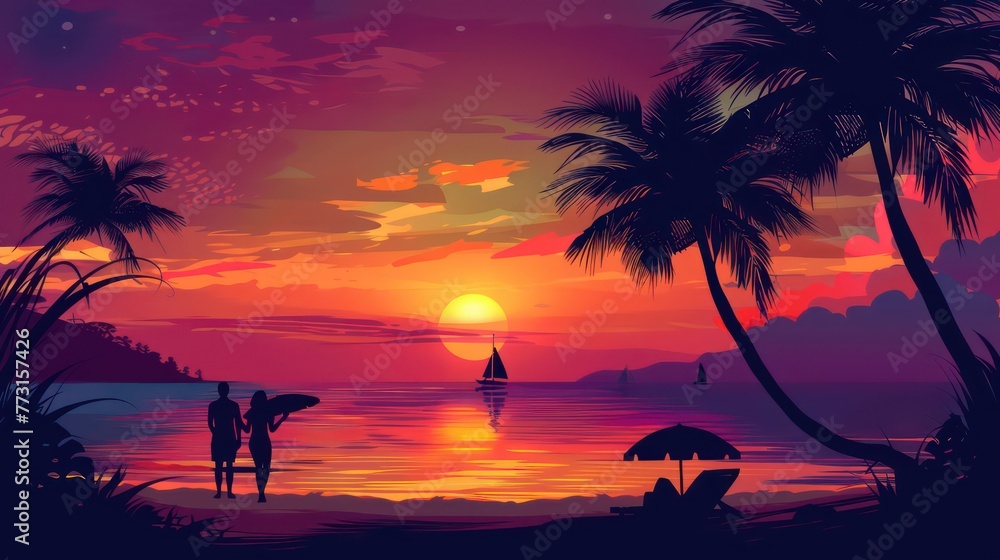 Vibrant beach sunset silhouettes enjoying the moment