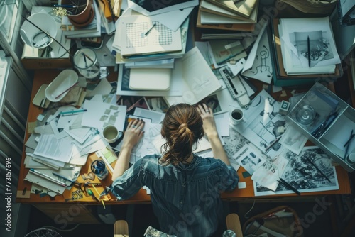A woman sitting at a desk covered in papers and artistic materials, focused on her work in a cluttered workspace