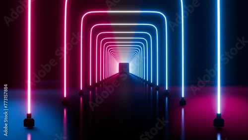 abstract neon video, flying forward through rectangular corridor, long tunnel, appearing glowing pink blue square shapes, ultraviolet spectrum