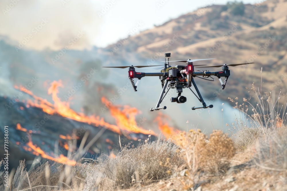 A remote controlled helicopter hovers over a fire, aiding in detection and monitoring efforts on the hillside