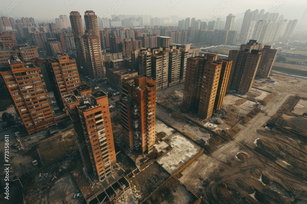 A high-angle view of a cityscape with tall buildings framed against a barren backdrop