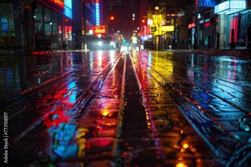 A city street filled with vehicles, bustling with traffic under the glow of the night lights amidst a rainy ambiance