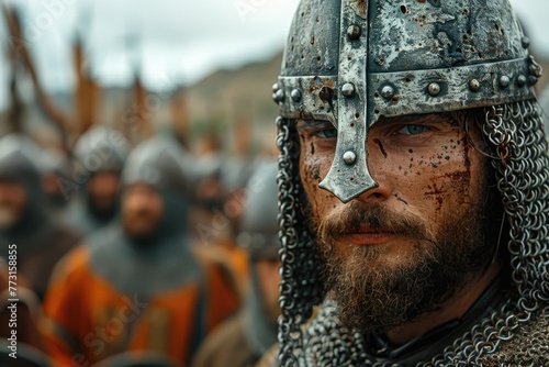 Portrait of a Slavic male warrior in a chain mail: the image of a strong and courageous image of a warrior, embodying the ancient Slavic culture and the spirit of warriorhood. photo
