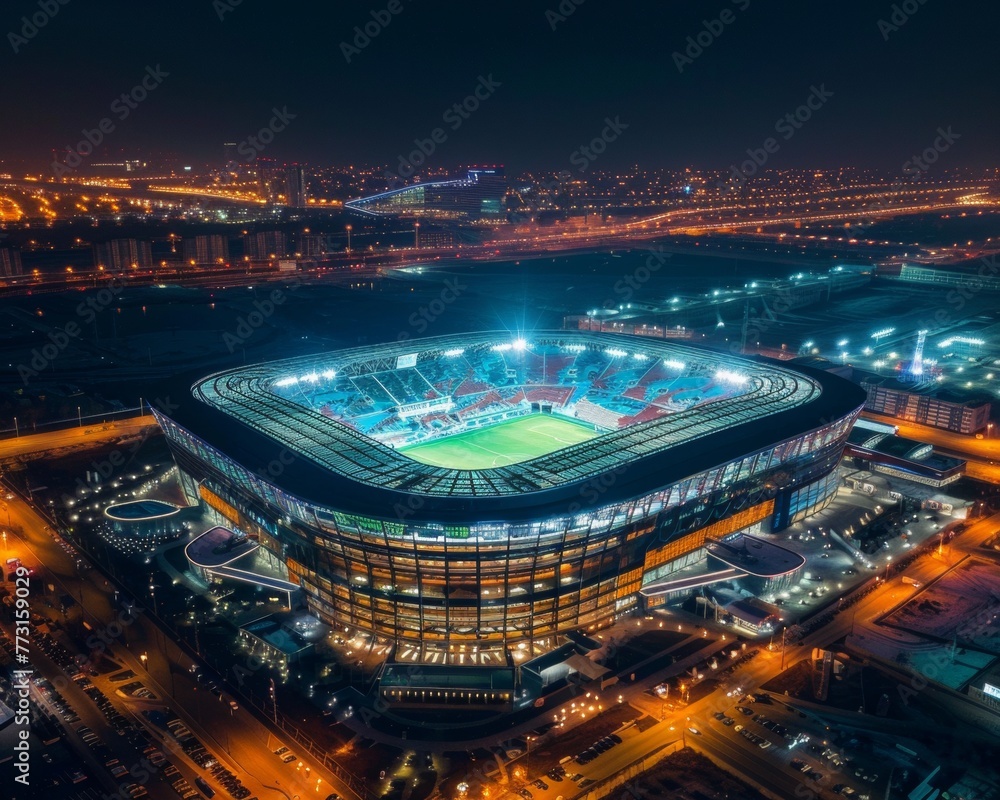 Obraz premium Stadium embracing renewable energy from solar-powered lighting to biomass heating